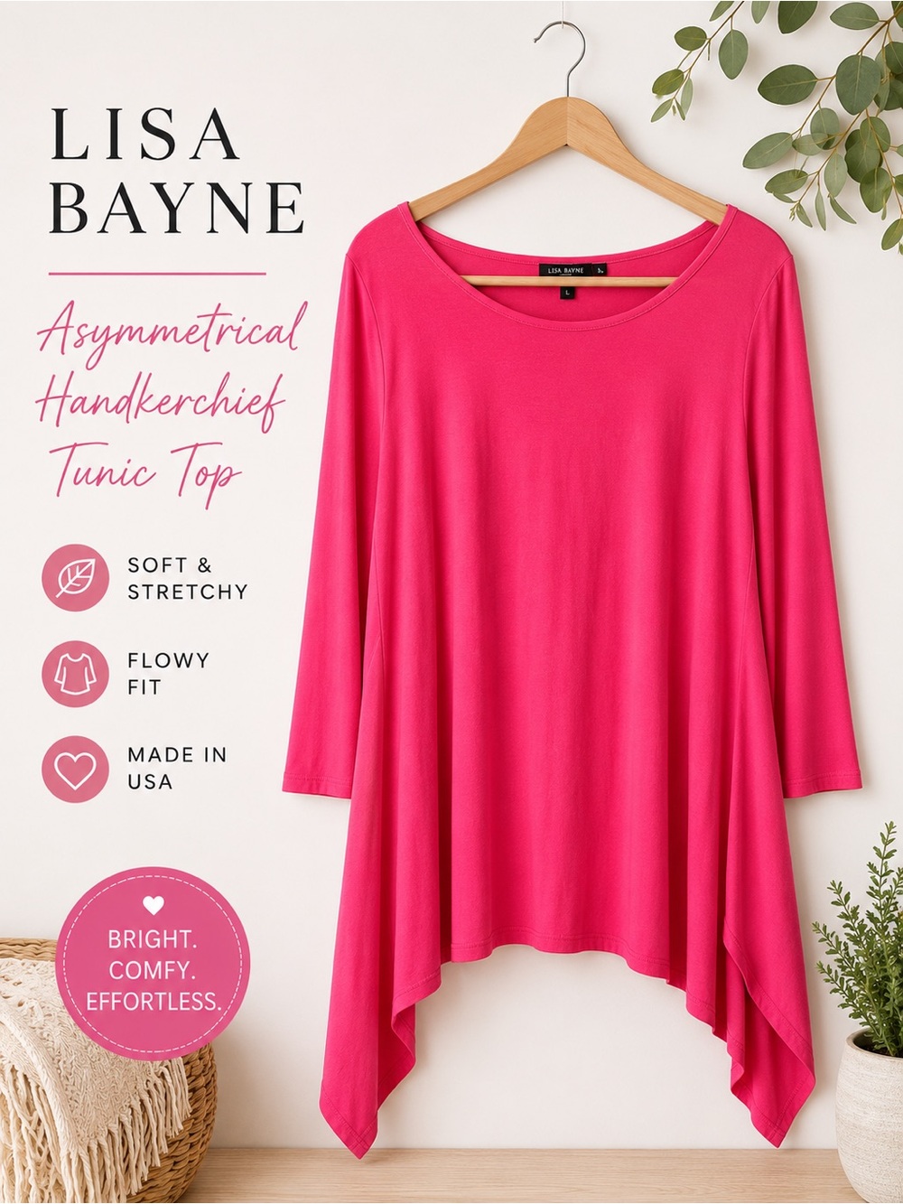 Lisa Bayne Asymmetrical Handkerchief Hem Tunic Top Pink Rayon Size Large